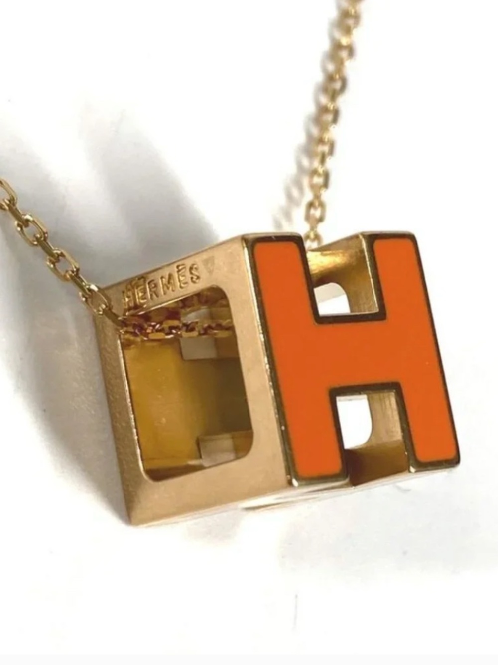 Hermes Pendant Gold-Tone Orange ''H'' Enamel Cube Charm ONLY Chunky